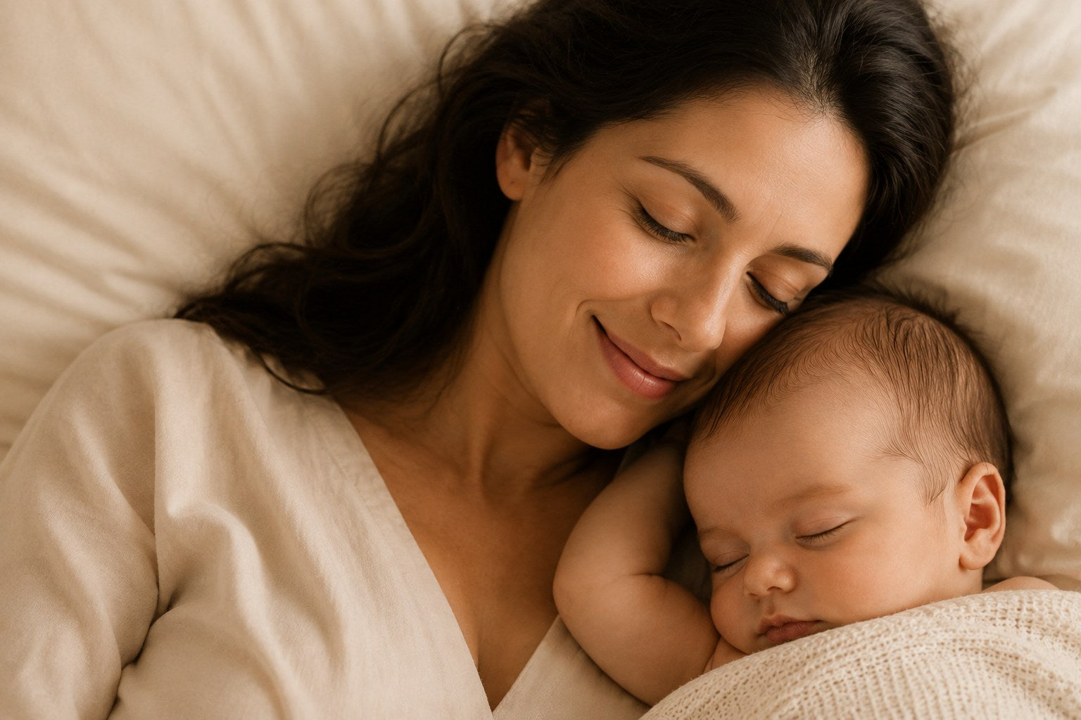 A mother resting cheek to cheek with her sleeping baby, wrapped in warm evening light