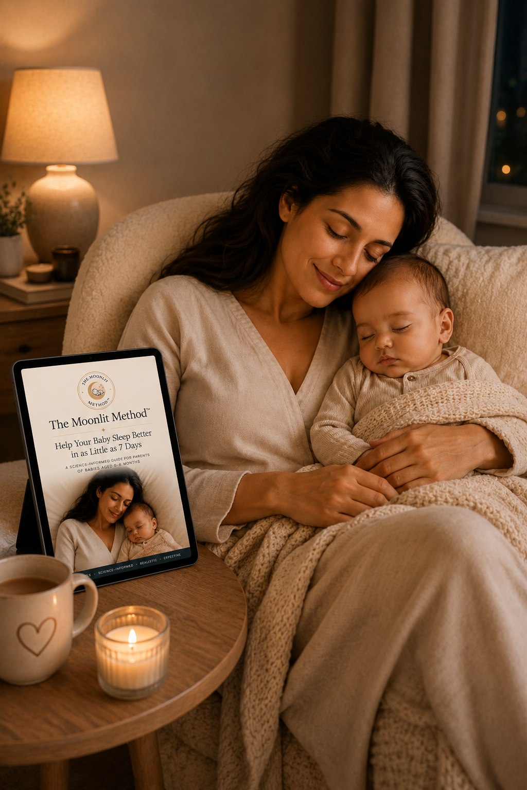 A parent reading the Moonlit Method on a tablet in a warm, softly lit room