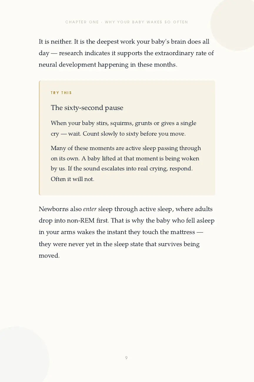 Newborn Sleep, Explained page 9 with the sixty-second pause