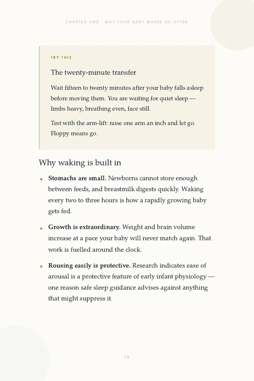 Newborn Sleep, Explained page 10 with the twenty-minute transfer and reasons newborns wake