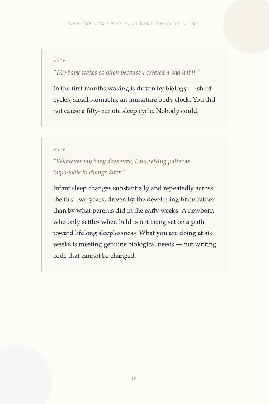 Guide page with newborn sleep myths and evidence-informed notes