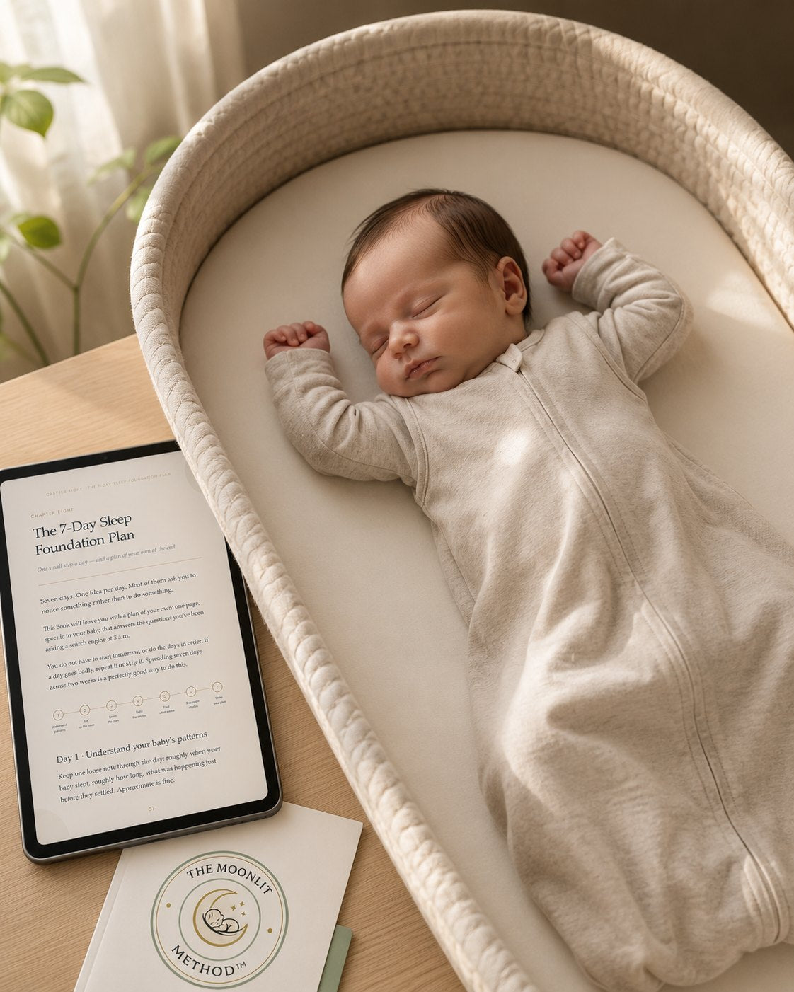 Sleeping newborn beside the Newborn Sleep guide on a tablet