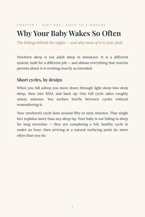 Baby Sleep, Explained chapter one page 7 explaining why babies wake so often