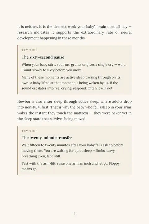 Baby Sleep, Explained page 9 with the sixty-second pause and twenty-minute transfer