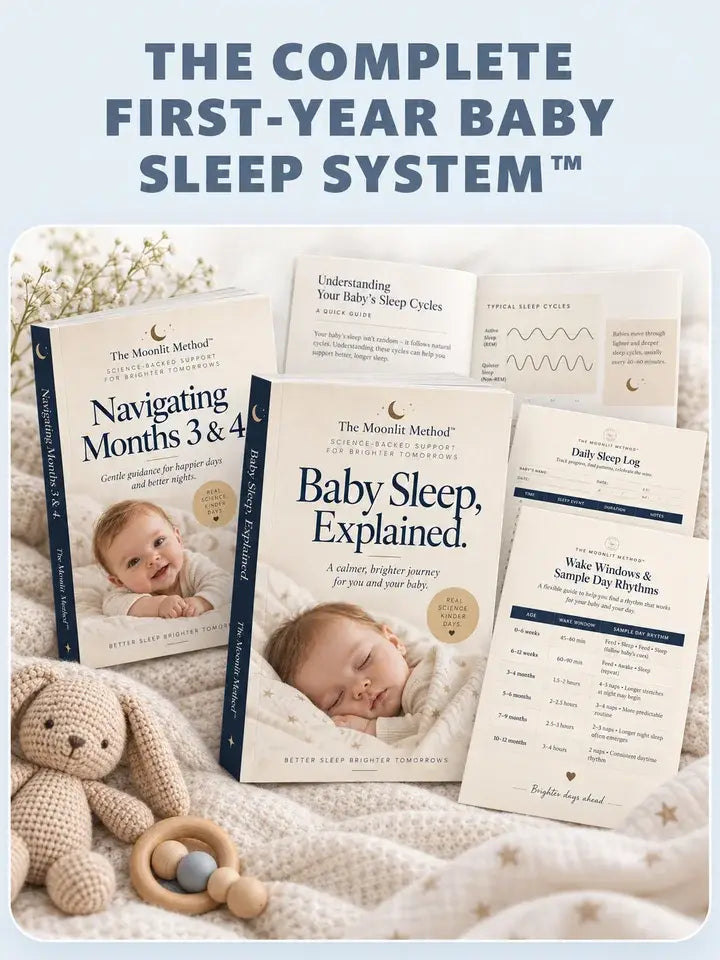 The Complete First-Year Baby Sleep System shown as two printed guides, an open sleep-cycles spread, a daily sleep log, and wake windows sheet arranged on soft nursery blankets with a knitted bunny and baby toy