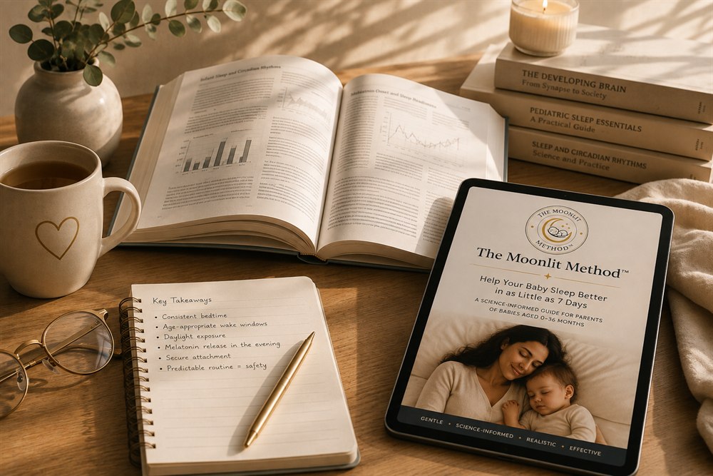 Research notes and infant sleep reference material beside the Moonlit Method guide